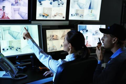 People watching security monitors